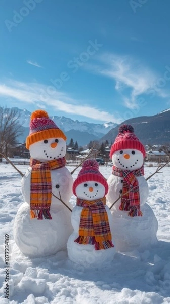 Obraz Three snowmen in winter landscape