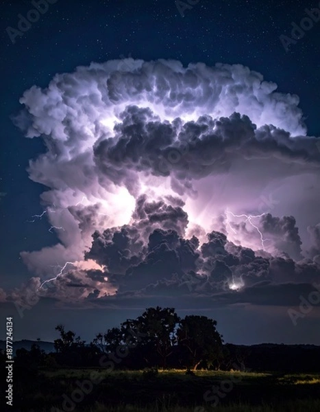 Fototapeta Dramatic nighttime thunderstorm with lightning illuminating large clouds
