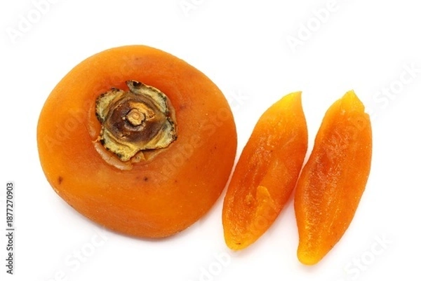 Obraz Dried Persimmon with two slice pieces, white background