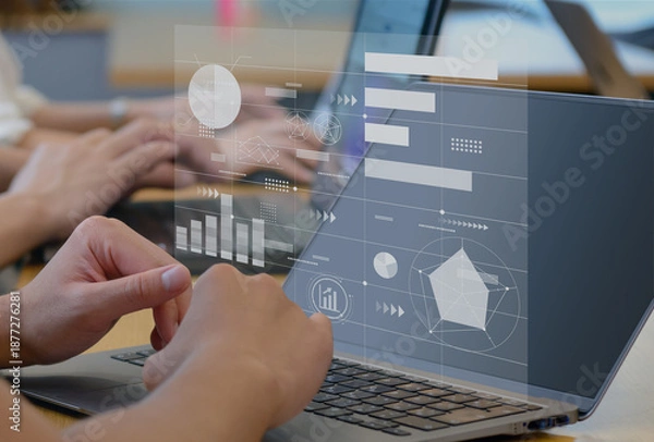 Obraz チームでのデータ分析や情報共有を行うビジネスシーンのイメージ