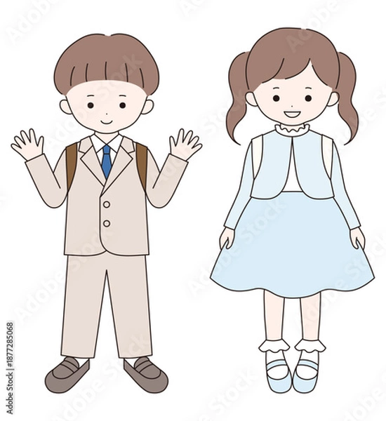Obraz 入学式にフォーマルな服装をしたかわいい子供達のベクターイラスト。男の子、女の子、小学生