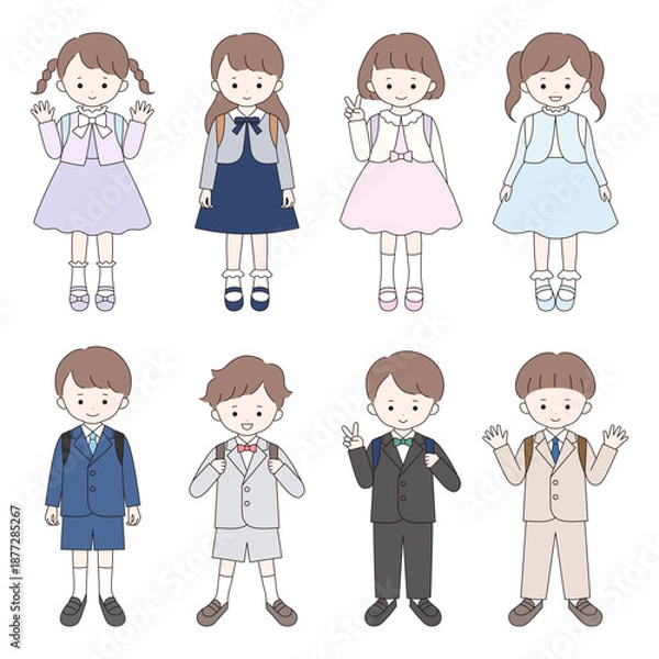 Obraz 入学式にフォーマルな服装をしたかわいい子供達のベクターイラスト。男の子、女の子、小学生
