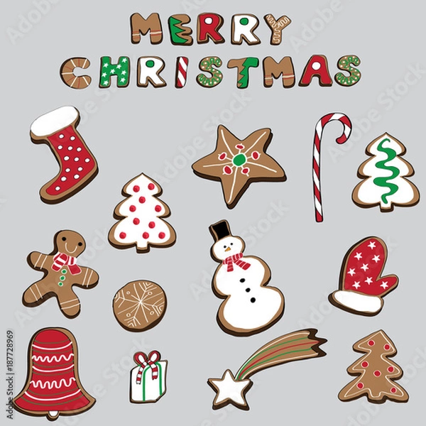 Obraz Vector illustration of Christmas cookies isolated on grey background