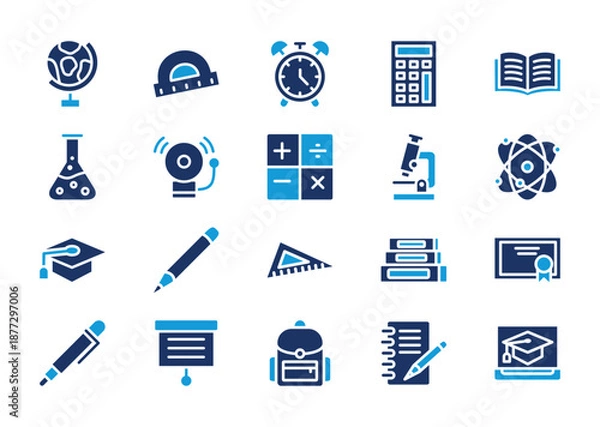 Obraz Education thin solid icon set. Containing globe, arc ruller, clock, calculator, book, chemical