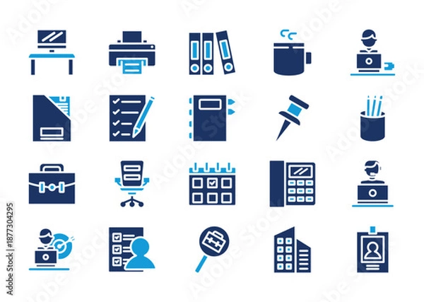 Obraz Office thin solid icon set. Containing work desk, printer, filing, coffee, worker, box file, checklist, book