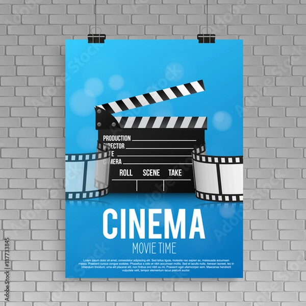 Fototapeta Realistic blue cinema poster in a frame with a picture hanging on a textured gray brick wall, a template for a layout, a layout and a work of art a concept poster design template. vector illustration.