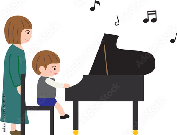 Obraz ピアノを弾く男の子と先生と音符