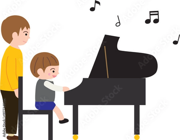 Obraz ピアノを弾く男の子と男の先生と音符