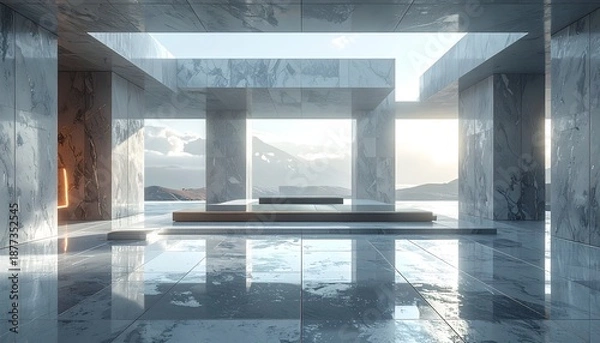 Obraz Modern marble interior with mountain view, reflections, and open structure
