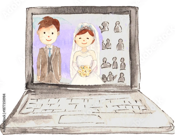 Fototapeta オンライン結婚式のイラスト　ベクター
