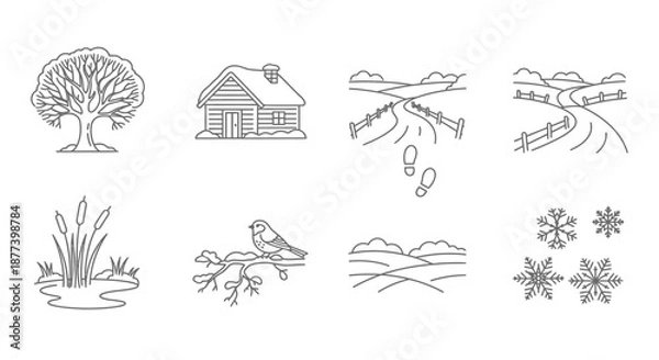 Fototapeta Rural landscape and winter elements Vector
