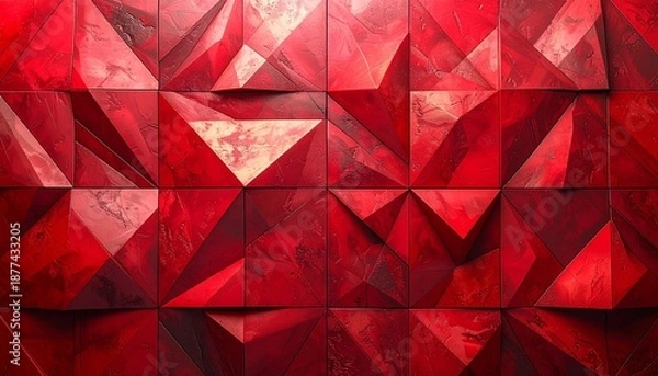Obraz Geometric Red Wall Texture - Abstract Pattern of Triangles and Shadows.