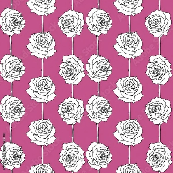 Obraz flat vertical vector seamless pattern with white rose flowers on pink background