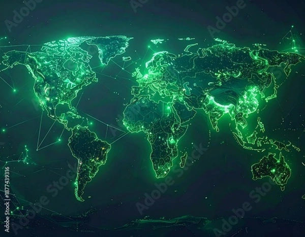 Obraz Global Network Visualization - Illuminated World Map Depicting Digital Connectivity and Data Flow.