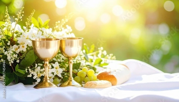 Obraz Communion Elements on White Cloth with Soft Sunlight
