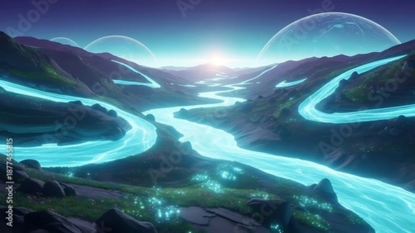 Obraz Glowing River Winding Through Alien Landscape Under Triple Moons