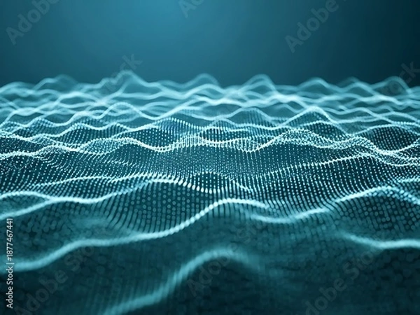 Obraz Wavy Network Grid Pattern with Blue Green Waves and Illuminated Lines