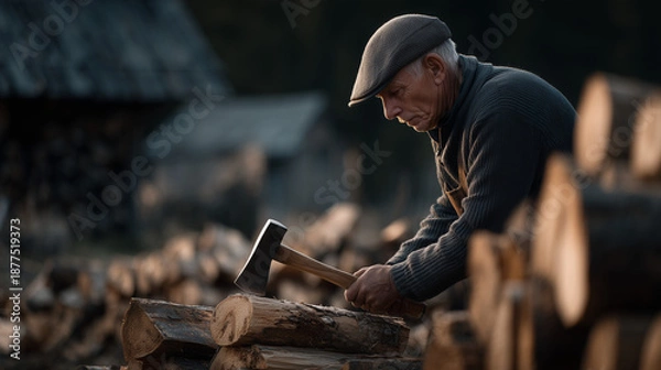 Obraz Elderly man chopping wood0