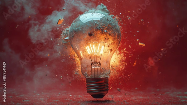 Obraz Dramatic Light Bulb Explosion with Fire and Debris explosion debris fire dramatic light bulb burst