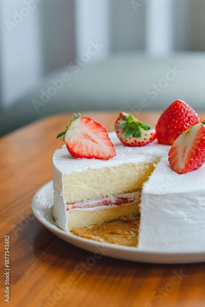 Obraz 手作りいちごショートケーキの断面｜ナイフで切り分ける食卓のひととき	
