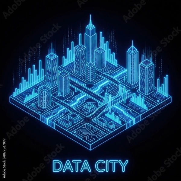 Obraz Futuristic Neon Cityscape with Data Visualization Elements