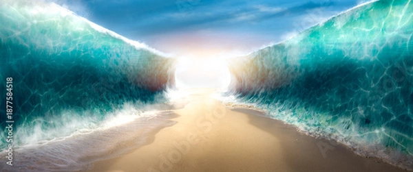 Obraz Dramatic passage opened between massive towering ocean waves on sandy seabed under bright ethereal light source