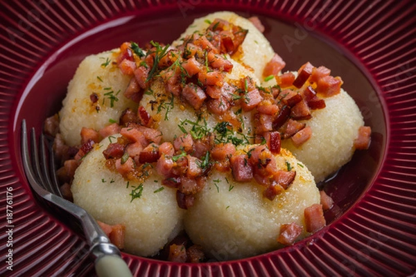 Obraz Potato dumplings with bacon.