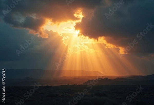 Fototapeta Striking Sun Rays Piercing Through Chaotic Storm Clouds Dramatic Lighting