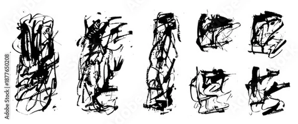 Obraz Grunge ink brush stroke background texture set. Dynamic abstract black backdrop design elements. Hand drawn gritty patterns, energetic splashes for posters. Vector template bg rectangle scribbles.