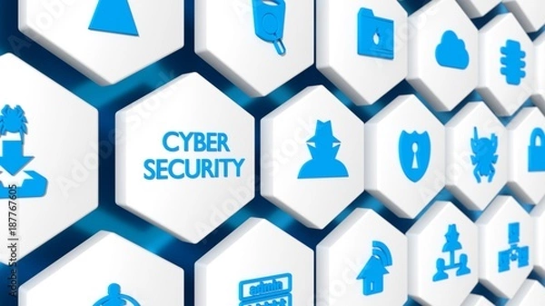 Fototapeta The word cybersecurity in blue and various security icons