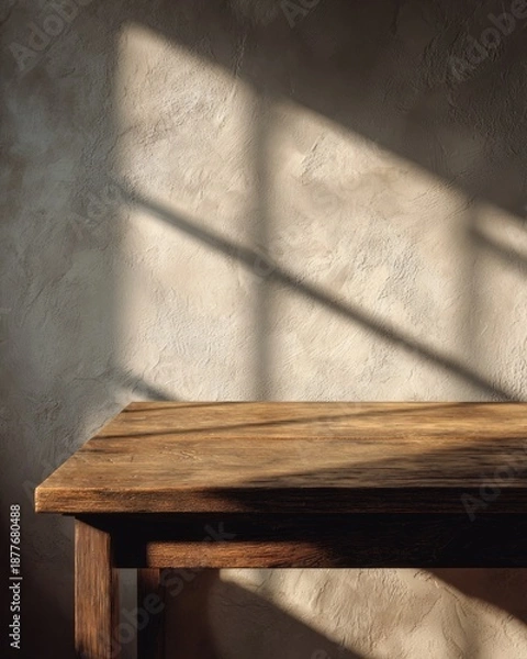 Obraz Minimal empty wooden table with dramatic window light and textured wall