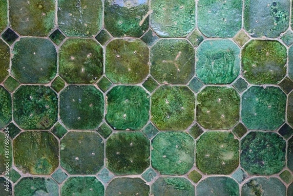 Obraz Moroccan green ceramic tiles background. Majolica rustic tile pattern.