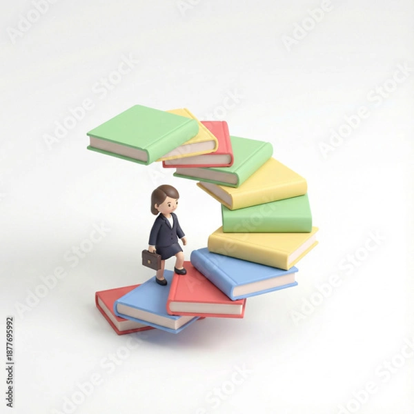 Obraz 本の階段を登るビジネスウーマンの3Dイラスト