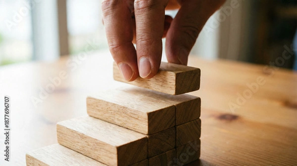 Obraz 積み木を慎重に重ねる指先のクローズアップ