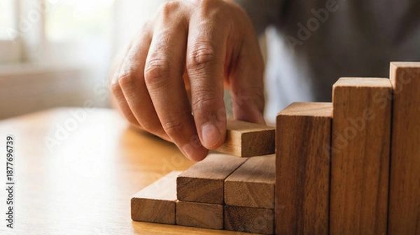 Obraz 積み木を慎重に重ねる指先のクローズアップ