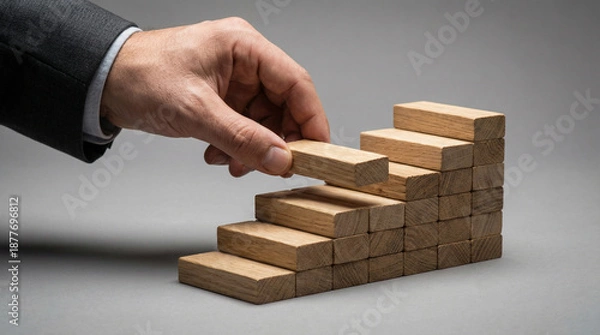 Obraz 木製ブロックの階段を積み上げるビジネスマンの手