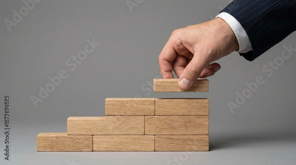 Obraz 木製ブロックの階段を積み上げるビジネスマンの手