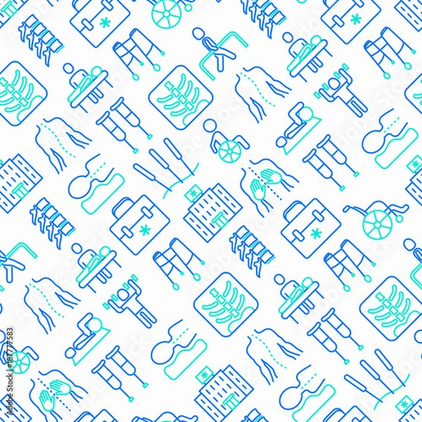Obraz Physiotherapy seamless pattern with thin line icons: rehabilitation, physiotherapist, acupuncture, massage, go-carts, vertebrae; x-ray, trauma, crutches, wheelchair. Vector illustration.