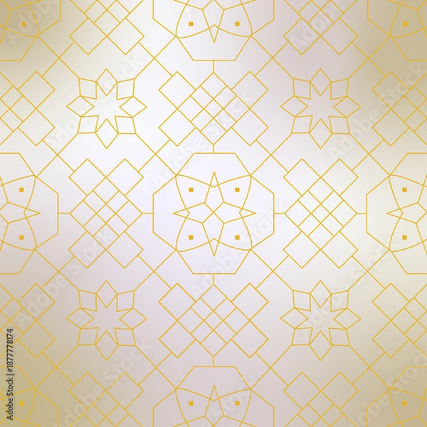 Fototapeta アラベスク風のラインアート背景（ベージュ）ー ベージュのグラデーションの背景に、金のアラベスク風の上品なラインアートで描かれた幾何学模様。デザインペーパー、マスキングテープ、マスキングシールブック、フレークシール、ノート表紙、手帳デコ素材、ハンカチ、ミニタオル、ジュエリーボックス、アクセサリーケース、インテリア雑貨に最適。