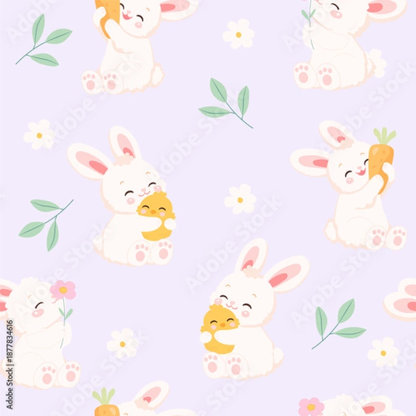 Obraz Seamless pattern with rabbit, chick, flowers. Vector illustration. Happy Easter day.