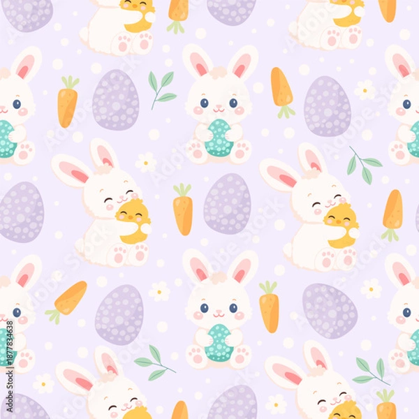 Obraz Seamless pattern with rabbit, chick, flowers. Vector illustration. Happy Easter day.