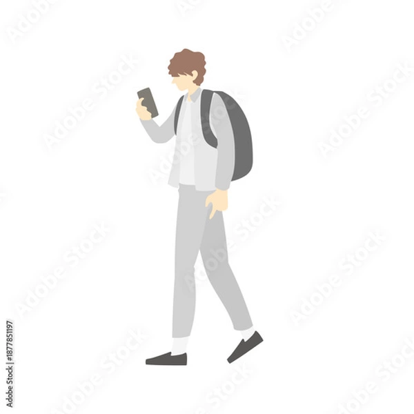 Obraz スマホを見ながら歩くリュック、カバンを背負った男性