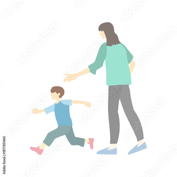 Obraz 走り出す子供と引き止めようとする母親、親子