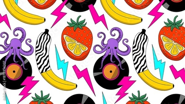 Obraz Vibrant fruit and music pattern with octopus elements on white