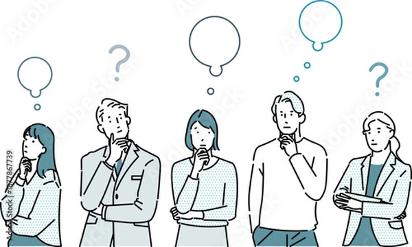 Obraz ビジネスパーソンの男女ー複数ー疑問ー上半身ー困ったアイコンーシンプルベクターイラスト素材