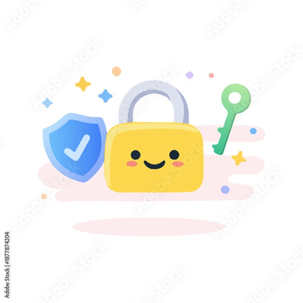 Obraz Secure Lock Icon Cute Flat Vector Illustration. Data Protection Padlock With Shield And Key.