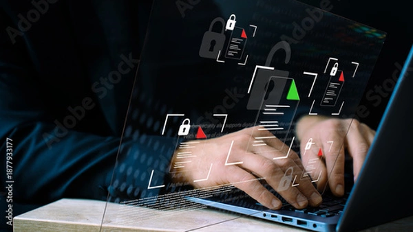 Obraz Cybersecurity and digital data protection in an interactive laptop interface, cyber defense, vulnerability detection, system encryption, and network security with file icons and binary code