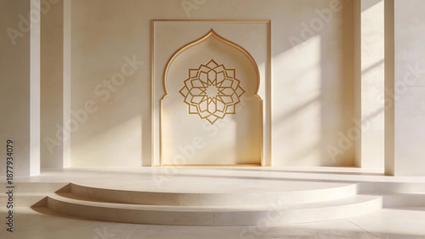 Obraz Bright Islamic Interior with Arch and Empty Podium Copy Space