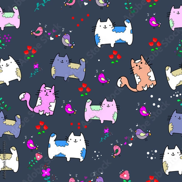 Obraz Cute Cat seamless pattern with Little Bird on colorful background Vector illustration.Doodle Cartoon style