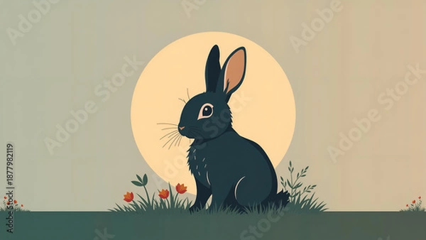 Obraz Cute Rabbit Sitting Under Moonlight Illustration
